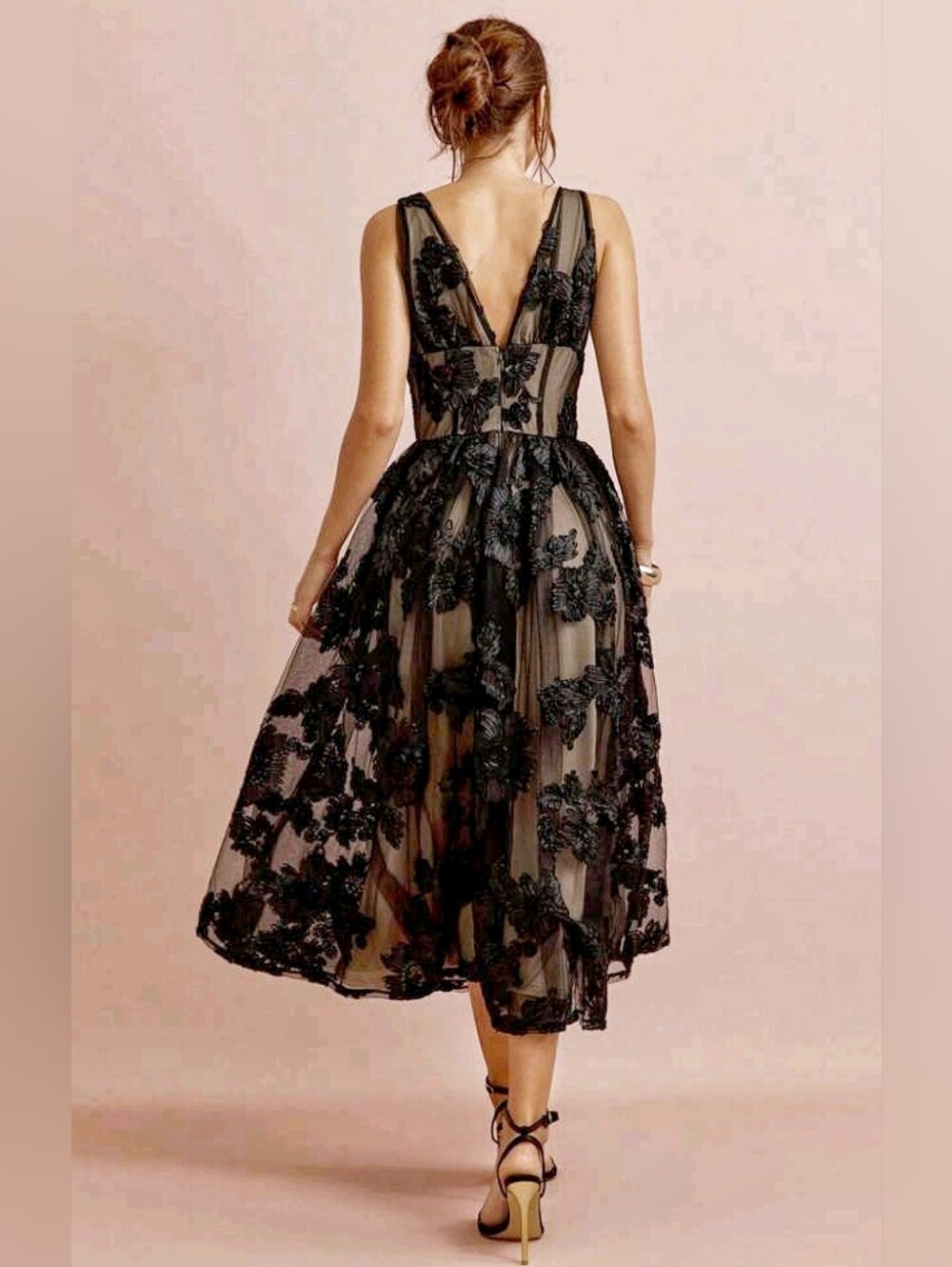 New Luxe Floral Embroidered Applique Full Midi Dress Black Sleeveless - Picture 7 of 14